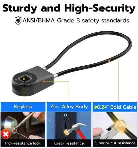 Fingerprint Cable Lock 14 Inch With Bluetooth Keyless Biometric Padlock For Gate Fence Locker Fridge Cabinet Pool And Bike Waterproof Smart Unlock In 0.2 Seconds Outdoor Ready Black featuring zinc alloy body and steel cable for security.