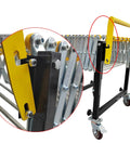 Heavy Duty Portable Conveyor Roller Stand With Adjustable Length And Height Fits Tight Spaces For Moving Big Cartons Super Smooth ABS Skate Wheels close-up of roller mechanism and adjustable handle.