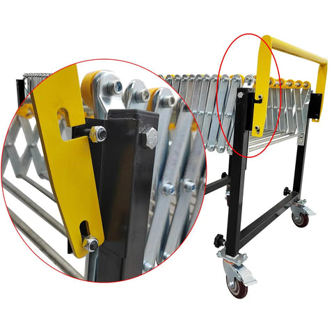 Heavy Duty Portable Conveyor Roller Stand With Adjustable Length And Height Fits Tight Spaces For Moving Big Cartons Super Smooth ABS Skate Wheels close-up of roller mechanism and adjustable handle.