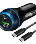 Dual Pd Car Charger 45W With Qc 3.0 Usb Port And Four Foot Cord showcases fast charging ports and a sleek design.