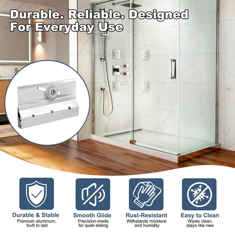 4 Pack M6053 Frameless Shower Door Roller Assemblies With Three Quarter Inch Plastic Wheels And Ball Bearings, Chrome Aluminum Bracket Replacement Kit visible in modern bathroom setting