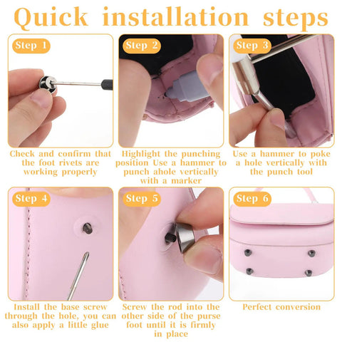 Installation guide for Top Tier Brass Purse Feet For Handbags And Totes - Screw Back Badass Bottom Guards with steps shown.