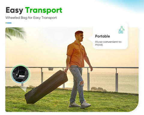 Man carrying a wheeled bag with the 10x20 Pop Up Screened Canopy Tent With Mosquito Netting for easy transport.