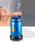 Real Deal Portable Electric Water Heater Shower System Packing A Massive 60 Liter Storage Tank And Lightning Fast 2000 Watt Quick Heat Pump For Totally Cozy Daily Rinses In Sleek Metallic Gold with a woman enjoying a warm shower.