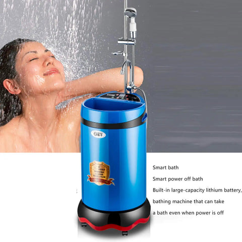 Heavy Duty Portable Electric Shower Heater Includes 60 Liter Storage Tank And 2000 Watt Rapid Warm Up Circuit For Cabin And Household Use with user enjoying hot water.