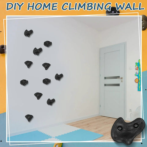 Indoor wall with 20 Rock Climbing Holds Set For DIY Wall Build With 3 Shapes Extra Large Grips, mounted against white background.