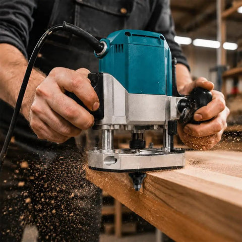 Hands using Heavy Duty 12 Piece Tungsten Carbide Router Bits Set With Standard Quarter Inch Shank on a wooden surface.