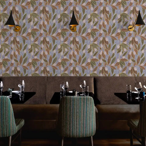 Top Shelf Hand Drawn Botanical Vinyl Wallpaper Featuring Subtle Leather Texture in a restaurant setting with green leaves.