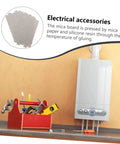 Five Pack Heat Resistant Mica Sheets with tools and boiler setup, ideal for microwave ovens replacement insulation plates.