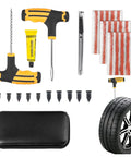 Image of All In One 30 Piece Car Tire Plug Kit With Drill Bits And Rubber Plugs For Emergency Flat Tire Repair Tubeless Tires Includes Screws Tire Patch Plugs Fork Drill Utility Knife Storage Bag And Ready To Use Car Patch Kit components including tools, plugs, and storage bag.
