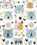 Slick Pastel Woodland Peel And Stick Wallpaper With Cute Animal Head Prints featuring playful animal faces on a white background.