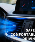 Car interior air vent with blue airflow, "Safe & Comfortable Driving" text displayed.
