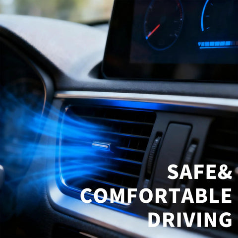 Car interior air vent with blue airflow, "Safe & Comfortable Driving" text displayed.