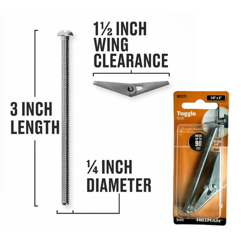 2 Pack Heavy Duty Drywall Anchors Screws Toggle Bolts Wing Nuts Set For Hollow Walls Hanging Lamps And Heavy Items One Quarter Inch By Three Inches Long Ninety Pounds Capacity, showing 1/4 inch diameter and 3 inch length with 90 lb capacity