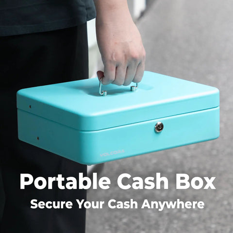 Person carrying Heavy Duty Locking Cash Box With Key Lock And Built In Money Tray Portable Metal Cash Safe, Cyan