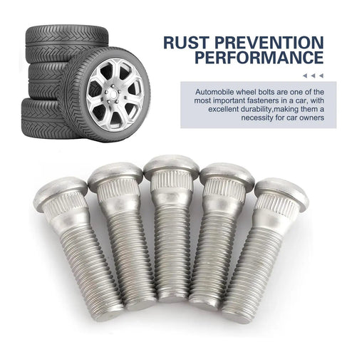 5Pcs Wheel Studs Kit M12x1.5 49mm Long Steel Lug Bolts For Auto Tires with stacked tires, emphasizing rust prevention.