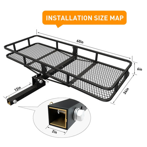 Foldable 60x24x6 Inch Hitch Carrier Basket For 2 Inch Receiver With 500 Lb Capacity 18.2 Cu Ft Waterproof Cargo Bag size diagram