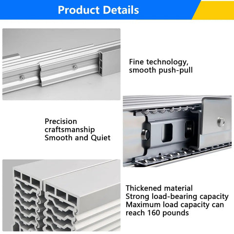 Pro Grade Full Extension Table Slide Featuring Hidden Retractable Guide Rail And Tough Aluminum Telescopic Tracks close-up view of smooth aluminum rail construction and thickness for load-bearing capacity.