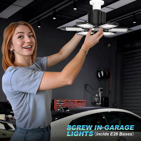 Woman installing Six Pack 200W LED Garage Lights With E26 E27 Base 6500K Daylight 22000 Lumens Adjustable Ceiling Shop Light