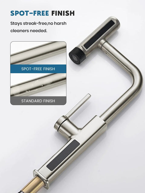 Touchless Pull-Out Kitchen Faucet with 6 Water Outlet Modes, Hands Free Motion Sensor Activated, Battery-Free Temperature Display, KF2209-PRO (Brushed Nickel) showing spot-free finish feature.