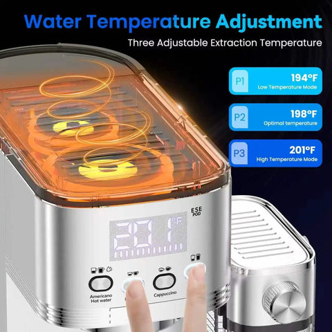 Pro Grade 20 Bar Espresso Machine With Automatic Milk Frother And Precision Temperature Control For Low Stress Home Brewing And Straight Fire Barista Coffee Sips Daily showing water temperature adjustment settings.