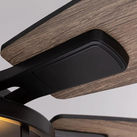 Close-up of wooden blade on 46 Inch Ceiling Fan With Lights And Remote Control, Matte Black Flush Mount Ceiling Fan For Bedroom And Living Room.