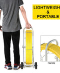 Person holding Beefy Heavy Duty Fiberglass Duct Rodder 8mm By 150m 492ft on wheel stand, showing lightweight portability