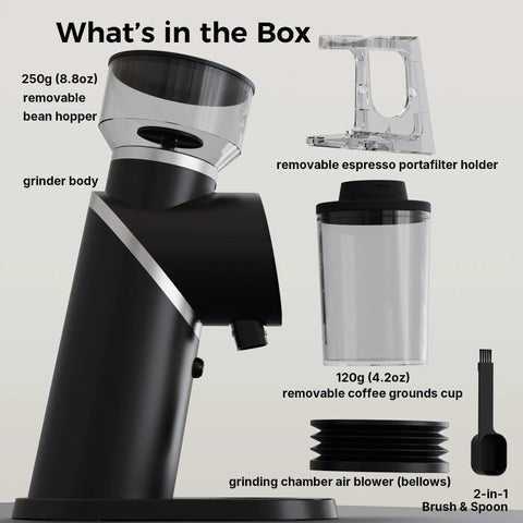 Talia Electric Coffee Grinder With 48Mm Titanium Plated Conical Burrs For Uniform Grinds features removable bean hopper and portafilter holder.