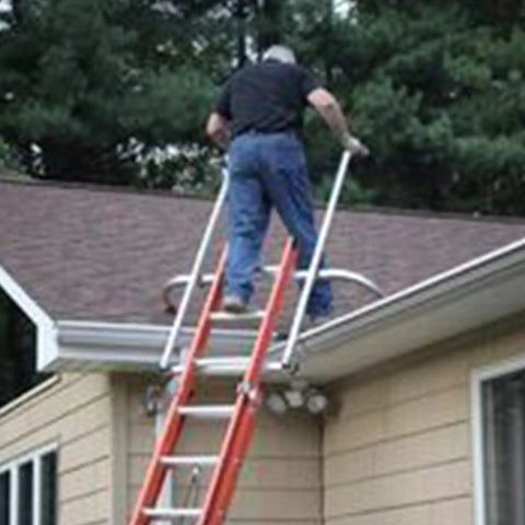 Extension Ladder Standoff Stabilizer Featuring Walk Through Safety Rails For Legit Fall Protection And Hella Smooth Footing On Uneven Sides Or Nasty Rooftop Edges