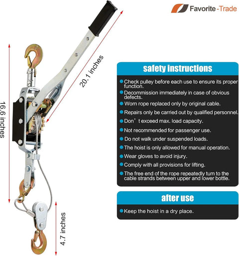 Heavy Duty Come Along Winch With 5 Ton Capacity And 10 ft Steel Cable Three Hooks Dual Gear System for recovery, fencing, construction projects