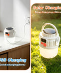 Rechargeable Solar Camping Lantern With 7 Modes And USB Charging Waterproof Emergency Light showing USB and solar charging modes