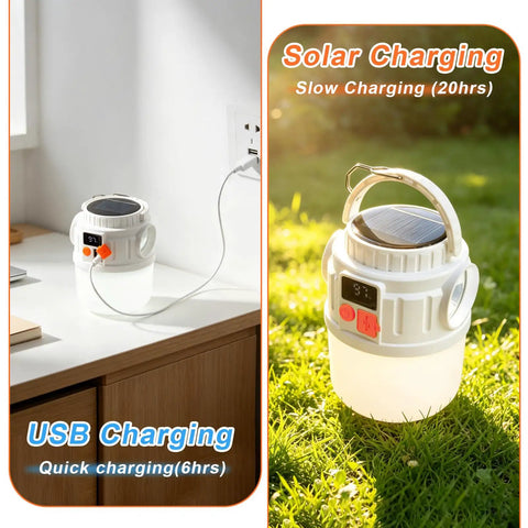 Rechargeable Solar Camping Lantern With 7 Modes And USB Charging Waterproof Emergency Light showing USB and solar charging modes