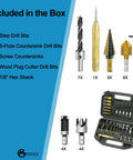 All In One Pro Grade Woodworking Drill Bit Set With Countersink Bits Step Drill Bits Plug Cutters 5 Flute Countersink Positioning Punch And Hex Wrench 28 Pcs GMTOOLS Chamfer Drilling Tools Kit For Wood Plywood Particleboard And More For DIYers
