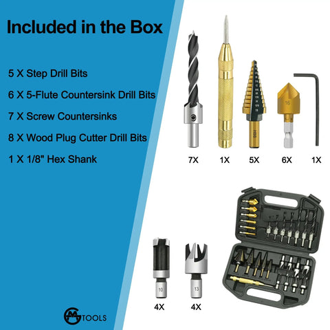 All In One Pro Grade Woodworking Drill Bit Set With Countersink Bits Step Drill Bits Plug Cutters 5 Flute Countersink Positioning Punch And Hex Wrench 28 Pcs GMTOOLS Chamfer Drilling Tools Kit For Wood Plywood Particleboard And More For DIYers