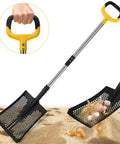 Long Lightweight Beach Sand Sifting Shovel With Ten Millimeter Holes shown filtering sand on a beach, highlighting steel handle.