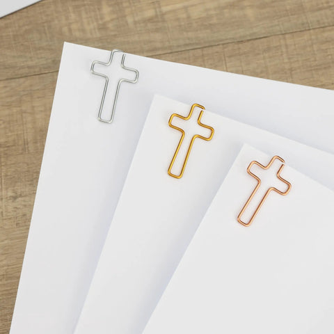 Cross Paper Clips Set Gold Rose Gold Silver Mix, 50 Count, durable metal office clips on white paper for organization