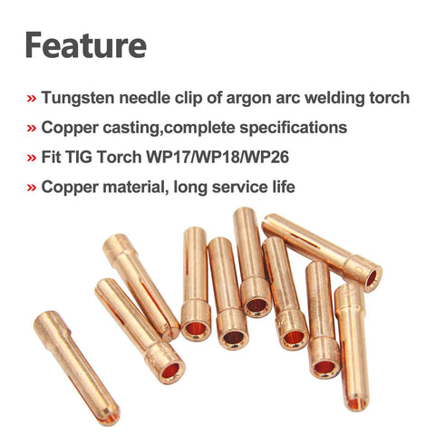 Stubby Collet For WP17 WP18 WP26 TIG Torch 10N24S 3/32 Inch Copper Consumables Pack Of 10 shown with text features