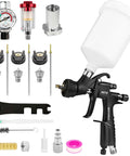 Built Tough Premium LVLP Paint Spray Gun Featuring Slick Teflon Coated Aluminum Body With Three Interchangeable Tips and accessories.