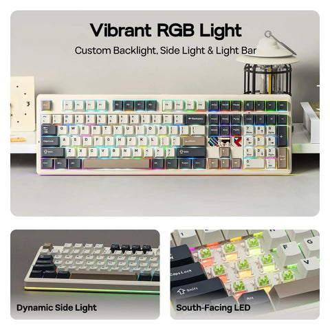 Next Level Full Size Mechanical Gaming Keyboard With Massive 10000 Mah Battery RGB Backlit Dot Matrix Display Wireless Setup For Mac PC Android Killer Reaper Switches Retro White Straight Fire with vibrant RGB lighting.