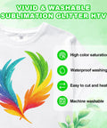 20Pcs Sublimable White Glitter HTV Vinyl and Printable Sublimation Paper Combo on T-shirt with rainbow feather design.
