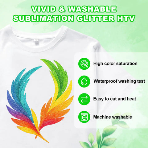 20Pcs Sublimable White Glitter HTV Vinyl and Printable Sublimation Paper Combo on T-shirt with rainbow feather design.
