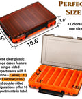 Open orange double-sided box showing compartments, part of Three Pack Double Sided Fishing Lure Boxes With 14 Compartments Clear Plastic Tackle Organizer Two Buckles Visible Bait Storage Case For Lures Beads Jewelry And Earring Hooks Green Orange Teal