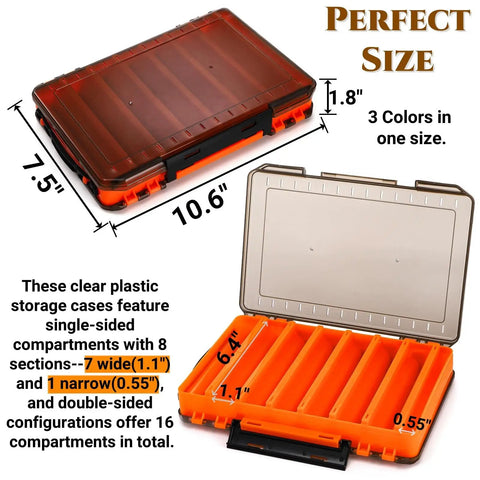 Open orange double-sided box showing compartments, part of Three Pack Double Sided Fishing Lure Boxes With 14 Compartments Clear Plastic Tackle Organizer Two Buckles Visible Bait Storage Case For Lures Beads Jewelry And Earring Hooks Green Orange Teal