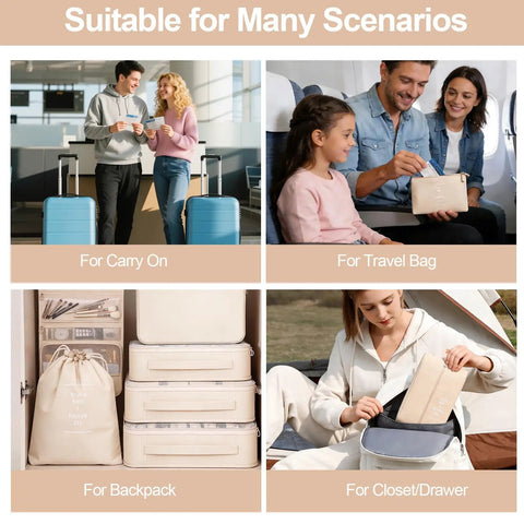 8 Piece Travel Packing Cubes Set With Shoe Bag And Hanging Toiletry Organizer in various travel scenarios