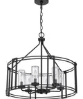 Luton Cage Metal Chandelier With Clear Cylinder Glass Shades Six Light Uplights for kitchens and dining areas in matte satin dark iron