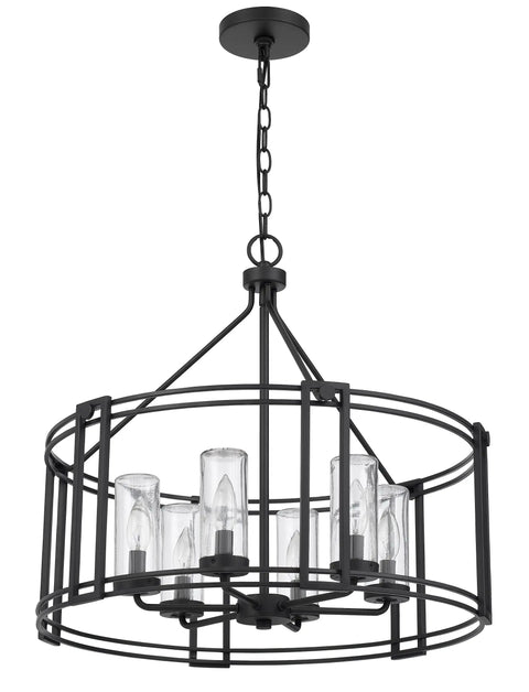 Luton Cage Metal Chandelier With Clear Cylinder Glass Shades Six Light Uplights for kitchens and dining areas in matte satin dark iron