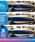 Comparison of boat hulls cleaned with different products, highlighting Fiberglass Boat Hull Cleaner Gel 22oz Marine Grade Tough Stains Remover.