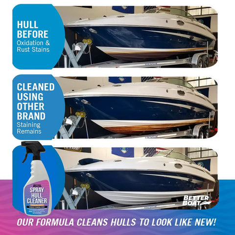 Comparison of boat hulls cleaned with different products, highlighting Fiberglass Boat Hull Cleaner Gel 22oz Marine Grade Tough Stains Remover.