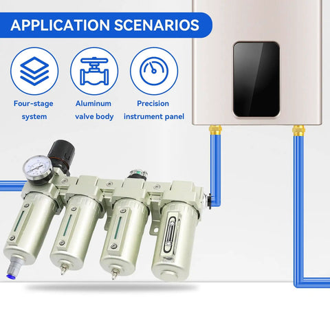 Three Quarter Inch NPT Heavy Duty Four Stage Air Dryer System For Compressors With Water Separator And Auto Drain Includes Three Filters And One Dryer Ideal For Plasma Cutters And Paint Sprayers shown installed