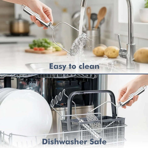 Two Pack Stainless Steel Potato Masher Set With Zigzag Wire And Flower Shaped Hole Heads, easy to clean and dishwasher safe.